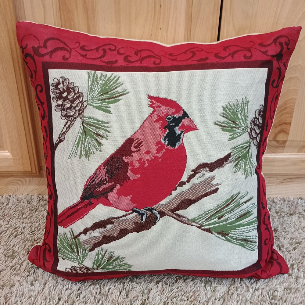 Vintage Cardinal Bird On Pine Branch Tapestry Throw Pillow Red Tan 18x18